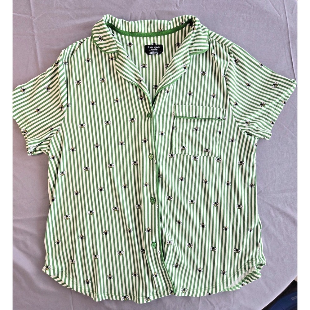 Kate Spade Sleepwear Shirt Women Size L Green Stripes Button-down Whimsy Playful